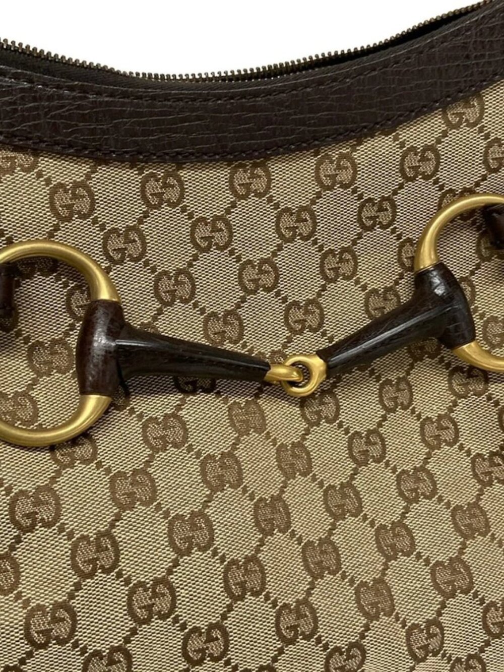 GUCCI Horsebit/GG 114890 Dark Brown Beige Jacquard Leather Handbag - Picture 10 of 15